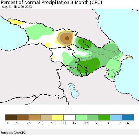 Azerbaijan, Armenia and Georgia Percent of Normal Precipitation 3-Month (CPC) Thematic Map For 8/21/2023 - 11/20/2023