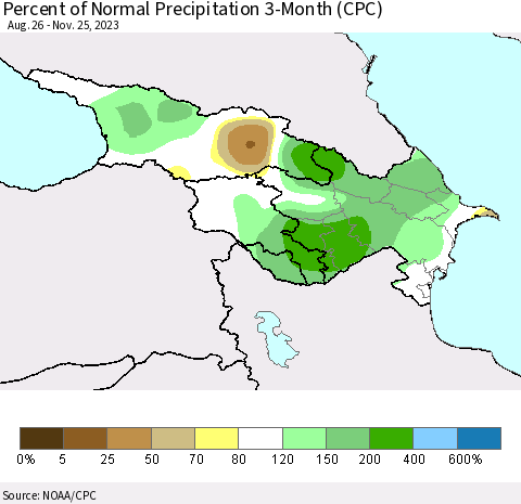 Azerbaijan, Armenia and Georgia Percent of Normal Precipitation 3-Month (CPC) Thematic Map For 8/26/2023 - 11/25/2023