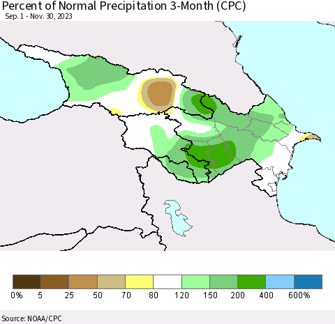 Azerbaijan, Armenia and Georgia Percent of Normal Precipitation 3-Month (CPC) Thematic Map For 9/1/2023 - 11/30/2023