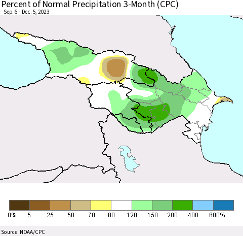 Azerbaijan, Armenia and Georgia Percent of Normal Precipitation 3-Month (CPC) Thematic Map For 9/6/2023 - 12/5/2023