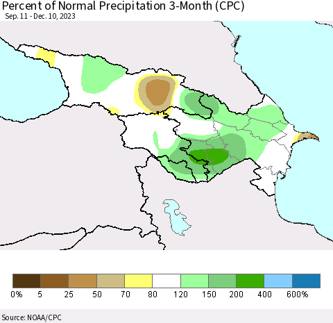 Azerbaijan, Armenia and Georgia Percent of Normal Precipitation 3-Month (CPC) Thematic Map For 9/11/2023 - 12/10/2023