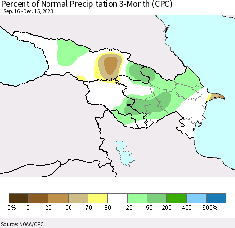 Azerbaijan, Armenia and Georgia Percent of Normal Precipitation 3-Month (CPC) Thematic Map For 9/16/2023 - 12/15/2023
