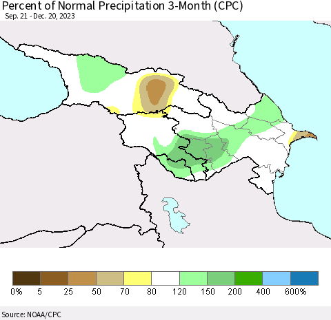 Azerbaijan, Armenia and Georgia Percent of Normal Precipitation 3-Month (CPC) Thematic Map For 9/21/2023 - 12/20/2023