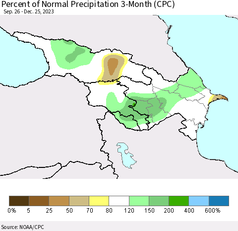 Azerbaijan, Armenia and Georgia Percent of Normal Precipitation 3-Month (CPC) Thematic Map For 9/26/2023 - 12/25/2023