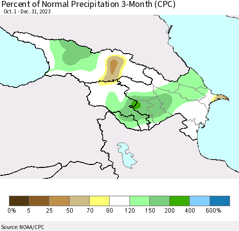 Azerbaijan, Armenia and Georgia Percent of Normal Precipitation 3-Month (CPC) Thematic Map For 10/1/2023 - 12/31/2023