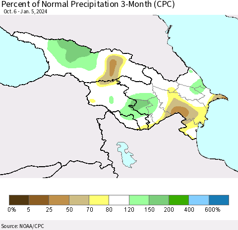 Azerbaijan, Armenia and Georgia Percent of Normal Precipitation 3-Month (CPC) Thematic Map For 10/6/2023 - 1/5/2024