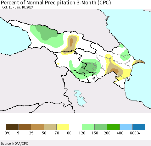Azerbaijan, Armenia and Georgia Percent of Normal Precipitation 3-Month (CPC) Thematic Map For 10/11/2023 - 1/10/2024