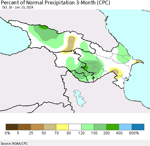 Azerbaijan, Armenia and Georgia Percent of Normal Precipitation 3-Month (CPC) Thematic Map For 10/16/2023 - 1/15/2024