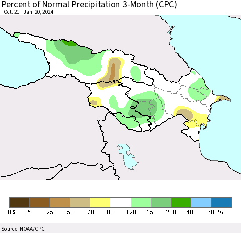 Azerbaijan, Armenia and Georgia Percent of Normal Precipitation 3-Month (CPC) Thematic Map For 10/21/2023 - 1/20/2024