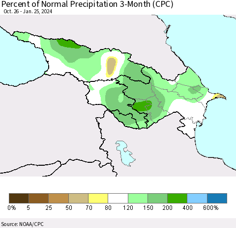 Azerbaijan, Armenia and Georgia Percent of Normal Precipitation 3-Month (CPC) Thematic Map For 10/26/2023 - 1/25/2024
