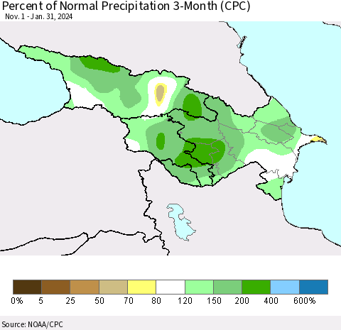 Azerbaijan, Armenia and Georgia Percent of Normal Precipitation 3-Month (CPC) Thematic Map For 11/1/2023 - 1/31/2024