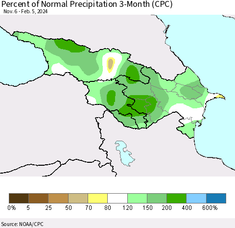 Azerbaijan, Armenia and Georgia Percent of Normal Precipitation 3-Month (CPC) Thematic Map For 11/6/2023 - 2/5/2024