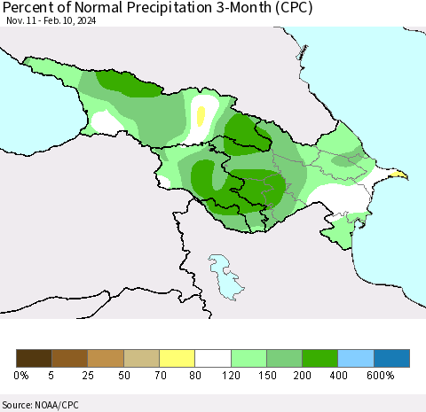 Azerbaijan, Armenia and Georgia Percent of Normal Precipitation 3-Month (CPC) Thematic Map For 11/11/2023 - 2/10/2024