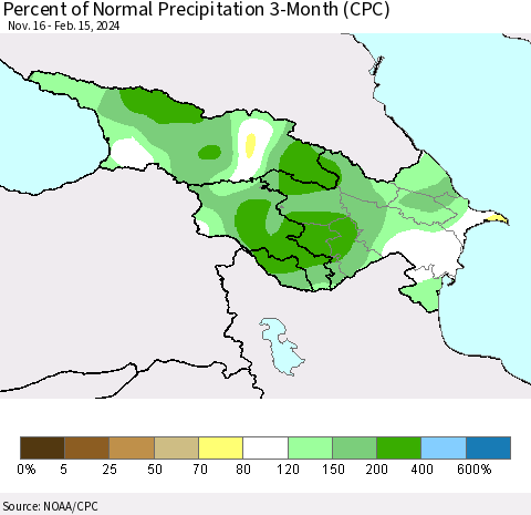 Azerbaijan, Armenia and Georgia Percent of Normal Precipitation 3-Month (CPC) Thematic Map For 11/16/2023 - 2/15/2024