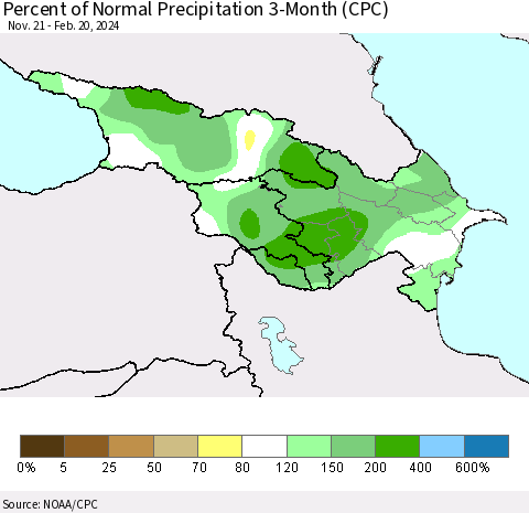 Azerbaijan, Armenia and Georgia Percent of Normal Precipitation 3-Month (CPC) Thematic Map For 11/21/2023 - 2/20/2024