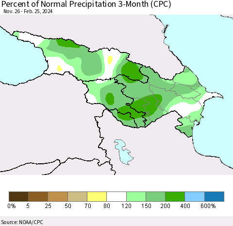 Azerbaijan, Armenia and Georgia Percent of Normal Precipitation 3-Month (CPC) Thematic Map For 11/26/2023 - 2/25/2024