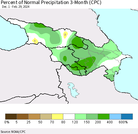 Azerbaijan, Armenia and Georgia Percent of Normal Precipitation 3-Month (CPC) Thematic Map For 12/1/2023 - 2/29/2024