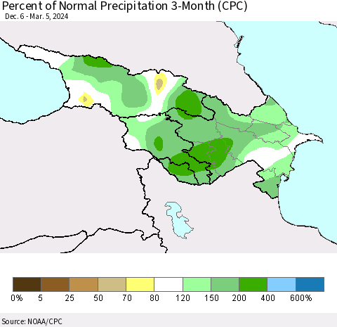 Azerbaijan, Armenia and Georgia Percent of Normal Precipitation 3-Month (CPC) Thematic Map For 12/6/2023 - 3/5/2024