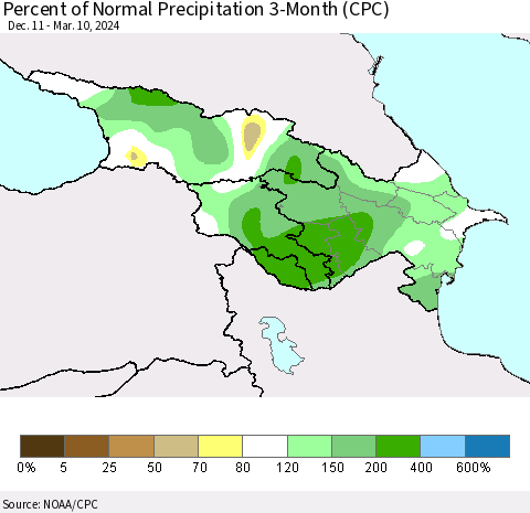 Azerbaijan, Armenia and Georgia Percent of Normal Precipitation 3-Month (CPC) Thematic Map For 12/11/2023 - 3/10/2024