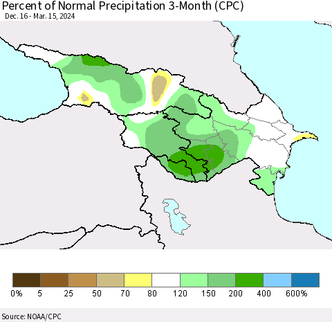 Azerbaijan, Armenia and Georgia Percent of Normal Precipitation 3-Month (CPC) Thematic Map For 12/16/2023 - 3/15/2024