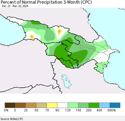 Azerbaijan, Armenia and Georgia Percent of Normal Precipitation 3-Month (CPC) Thematic Map For 12/21/2023 - 3/20/2024