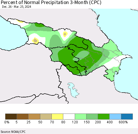 Azerbaijan, Armenia and Georgia Percent of Normal Precipitation 3-Month (CPC) Thematic Map For 12/26/2023 - 3/25/2024