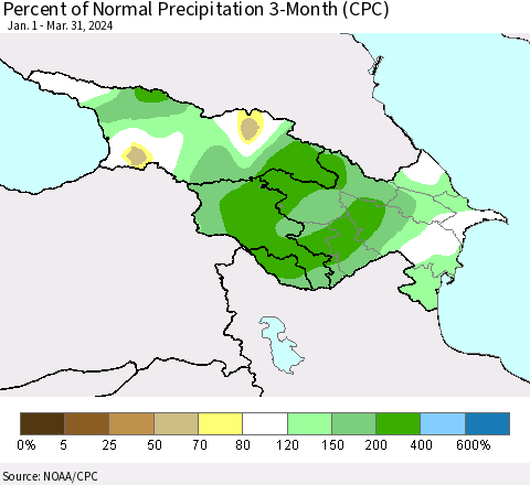 Azerbaijan, Armenia and Georgia Percent of Normal Precipitation 3-Month (CPC) Thematic Map For 1/1/2024 - 3/31/2024