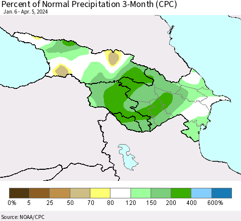 Azerbaijan, Armenia and Georgia Percent of Normal Precipitation 3-Month (CPC) Thematic Map For 1/6/2024 - 4/5/2024