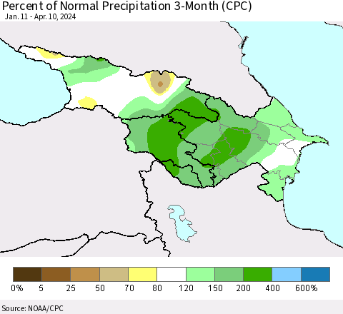 Azerbaijan, Armenia and Georgia Percent of Normal Precipitation 3-Month (CPC) Thematic Map For 1/11/2024 - 4/10/2024