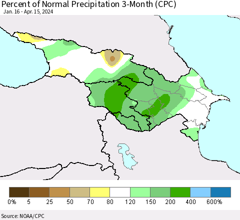 Azerbaijan, Armenia and Georgia Percent of Normal Precipitation 3-Month (CPC) Thematic Map For 1/16/2024 - 4/15/2024