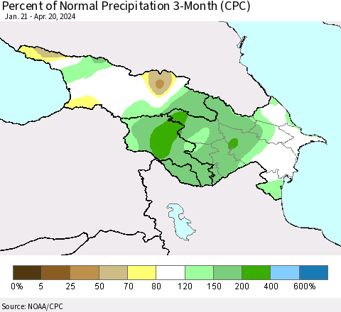 Azerbaijan, Armenia and Georgia Percent of Normal Precipitation 3-Month (CPC) Thematic Map For 1/21/2024 - 4/20/2024
