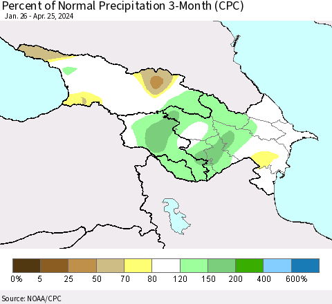 Azerbaijan, Armenia and Georgia Percent of Normal Precipitation 3-Month (CPC) Thematic Map For 1/26/2024 - 4/25/2024