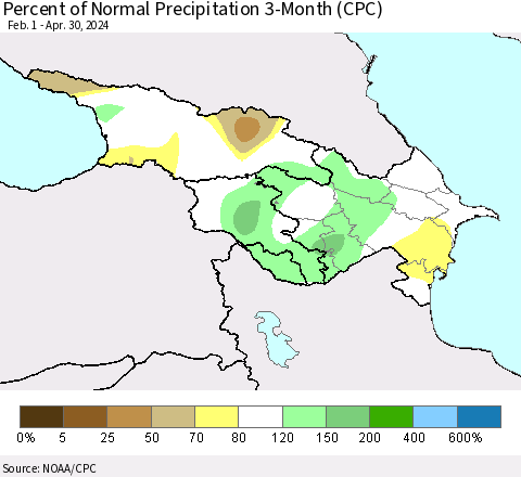 Azerbaijan, Armenia and Georgia Percent of Normal Precipitation 3-Month (CPC) Thematic Map For 2/1/2024 - 4/30/2024