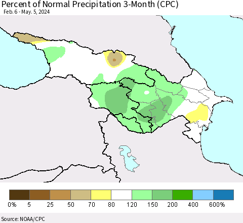 Azerbaijan, Armenia and Georgia Percent of Normal Precipitation 3-Month (CPC) Thematic Map For 2/6/2024 - 5/5/2024