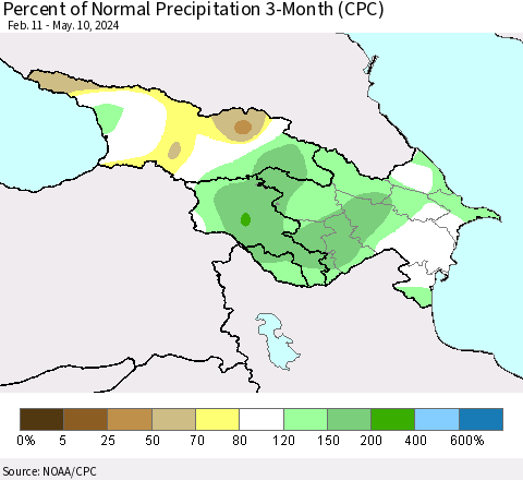 Azerbaijan, Armenia and Georgia Percent of Normal Precipitation 3-Month (CPC) Thematic Map For 2/11/2024 - 5/10/2024