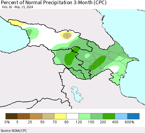 Azerbaijan, Armenia and Georgia Percent of Normal Precipitation 3-Month (CPC) Thematic Map For 2/16/2024 - 5/15/2024