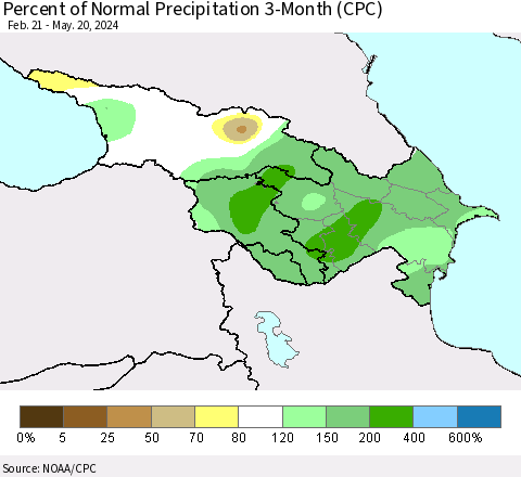 Azerbaijan, Armenia and Georgia Percent of Normal Precipitation 3-Month (CPC) Thematic Map For 2/21/2024 - 5/20/2024