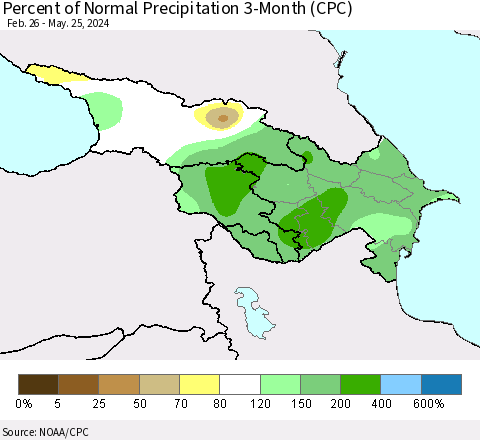 Azerbaijan, Armenia and Georgia Percent of Normal Precipitation 3-Month (CPC) Thematic Map For 2/26/2024 - 5/25/2024