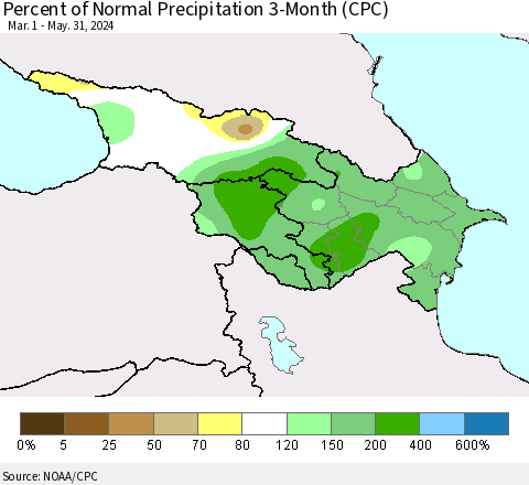 Azerbaijan, Armenia and Georgia Percent of Normal Precipitation 3-Month (CPC) Thematic Map For 3/1/2024 - 5/31/2024