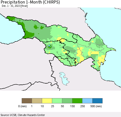 Azerbaijan, Armenia and Georgia Precipitation 1-Month (CHIRPS) Thematic Map For 12/1/2023 - 12/31/2023
