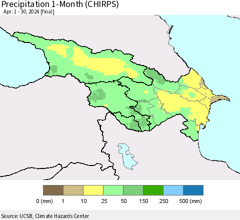 Azerbaijan, Armenia and Georgia Precipitation 1-Month (CHIRPS) Thematic Map For 4/1/2024 - 4/30/2024