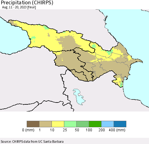 Azerbaijan, Armenia and Georgia Precipitation (CHIRPS) Thematic Map For 8/11/2023 - 8/20/2023