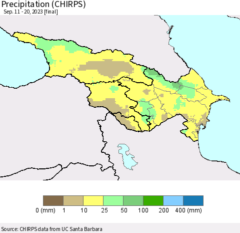 Azerbaijan, Armenia and Georgia Precipitation (CHIRPS) Thematic Map For 9/11/2023 - 9/20/2023