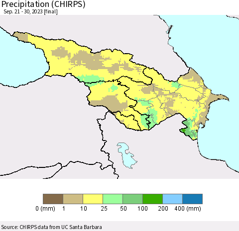Azerbaijan, Armenia and Georgia Precipitation (CHIRPS) Thematic Map For 9/21/2023 - 9/30/2023