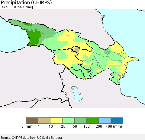 Azerbaijan, Armenia and Georgia Precipitation (CHIRPS) Thematic Map For 10/1/2023 - 10/10/2023