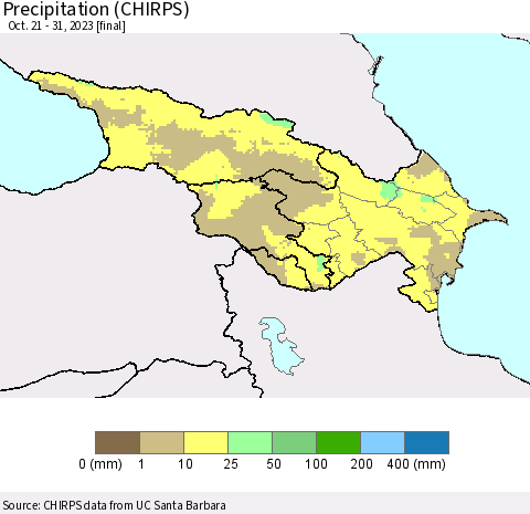 Azerbaijan, Armenia and Georgia Precipitation (CHIRPS) Thematic Map For 10/21/2023 - 10/31/2023