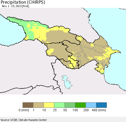 Azerbaijan, Armenia and Georgia Precipitation (CHIRPS) Thematic Map For 11/1/2023 - 11/10/2023