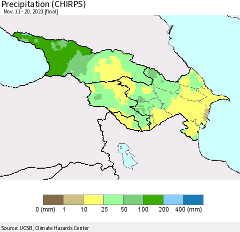 Azerbaijan, Armenia and Georgia Precipitation (CHIRPS) Thematic Map For 11/11/2023 - 11/20/2023