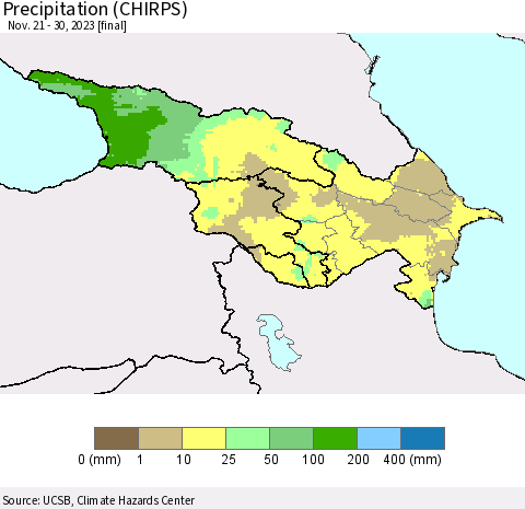Azerbaijan, Armenia and Georgia Precipitation (CHIRPS) Thematic Map For 11/21/2023 - 11/30/2023