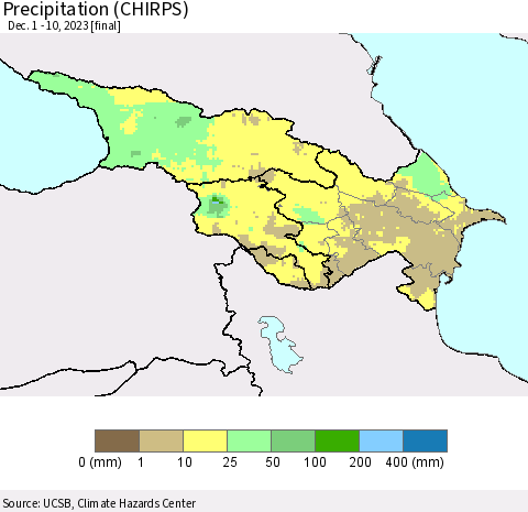 Azerbaijan, Armenia and Georgia Precipitation (CHIRPS) Thematic Map For 12/1/2023 - 12/10/2023